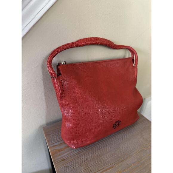 Tory Burch Leather Shoulder Bag Womens Red Braided Handle Hobo Pebbled Logo Zip - Picture 3 of 12